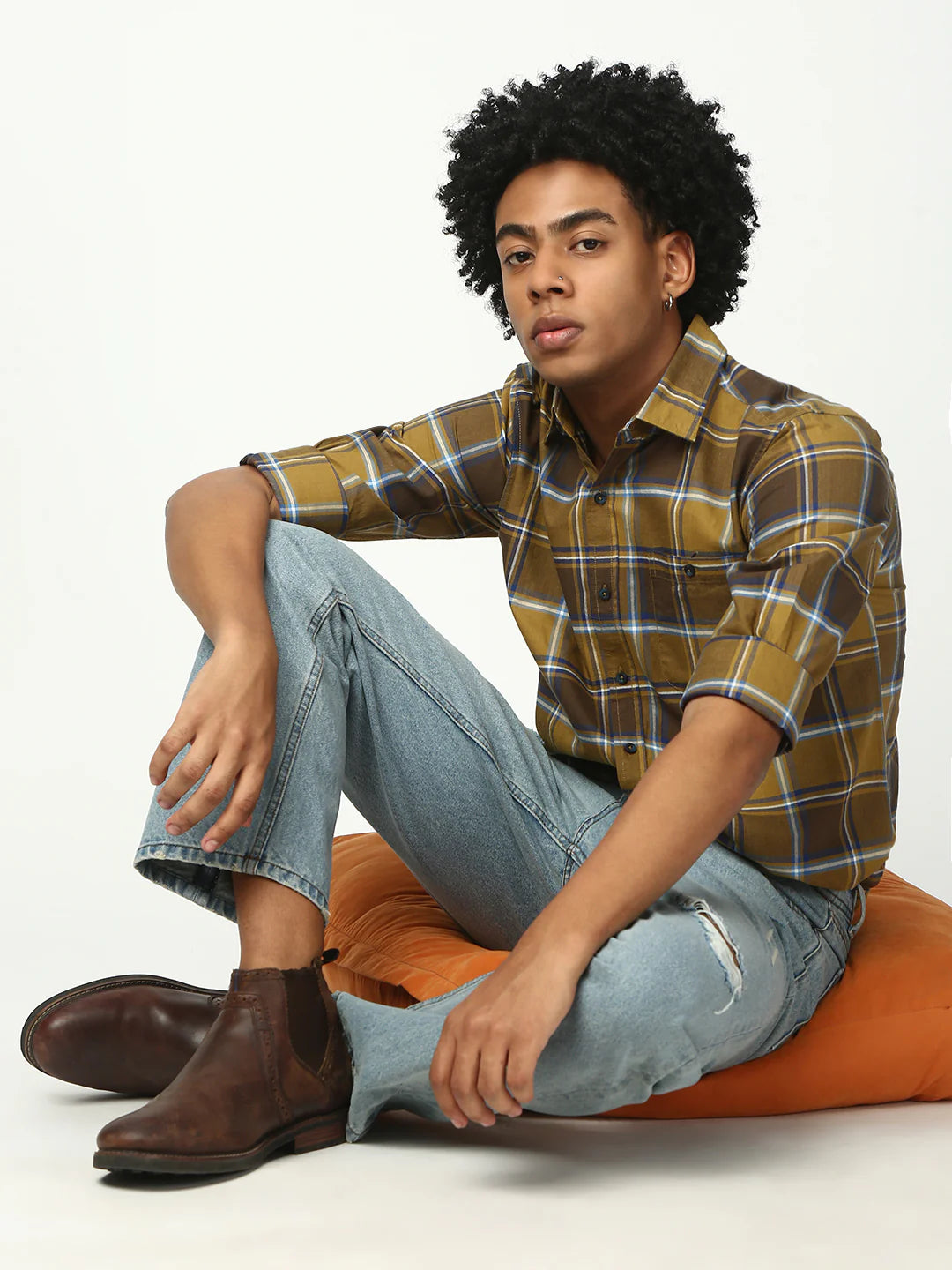 Necked Checks Full Sleeve Relax Shirt With Pocket