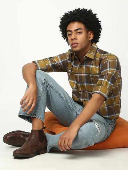 Necked Checks Full Sleeve Relax Shirt With Pocket