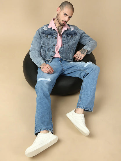 Necked Light Blue Slim Fit Denim Jacket