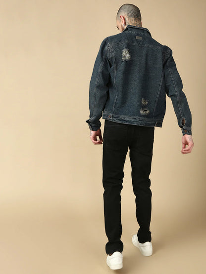 Necked  Vintage Blue Repeed Slim Fit Denim Jacket