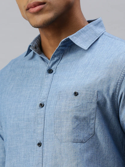 Necked  slim-fit blue denim shirt with patch pocket