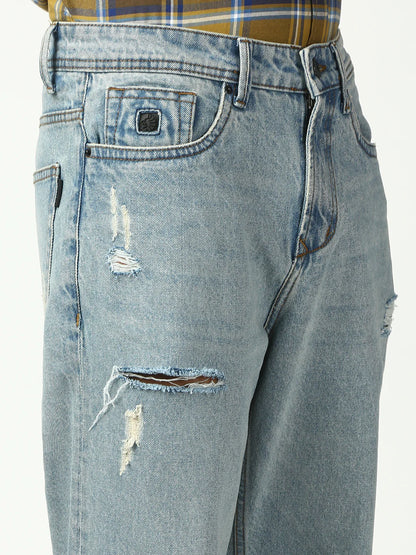Necked  Vintage Light Blue Ripped Straight Jeans