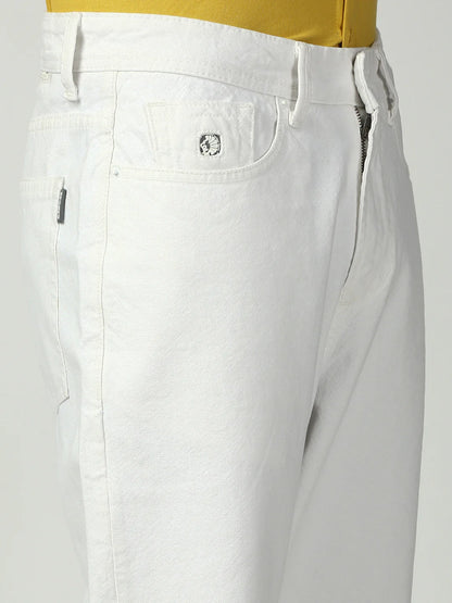 Necked White Straight Fit Cotton Jeans