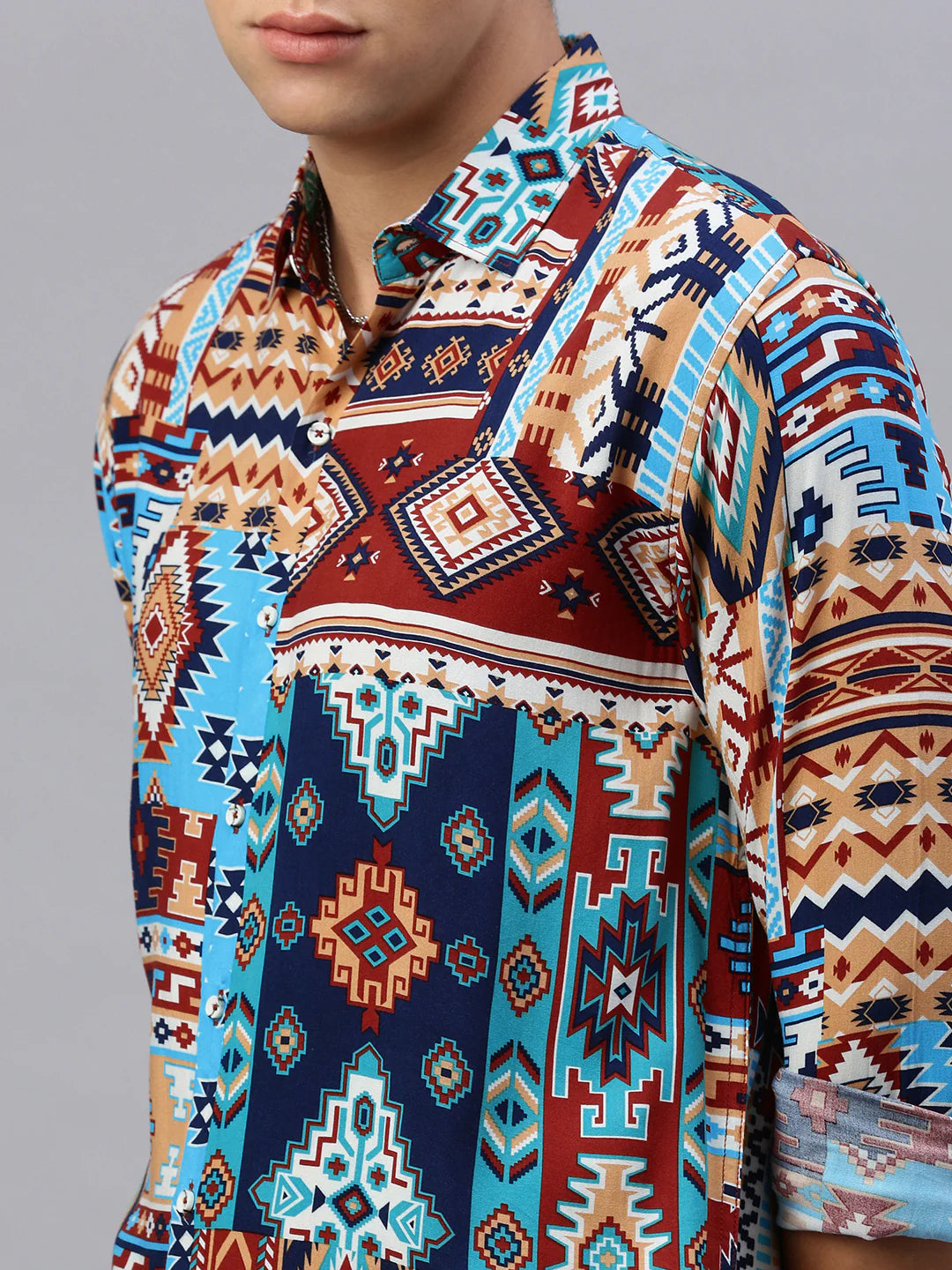 Necked Printed Viscose Shirt Without Pocket