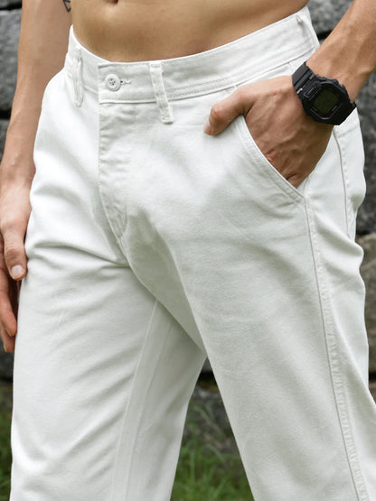 Necked White Straight Fit Cotton Cross Pocket Jeans