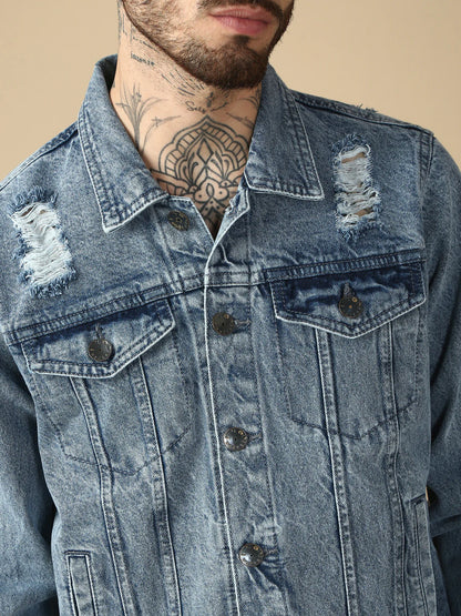 Necked Light Blue Slim Fit Denim Jacket