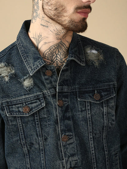 Necked  Vintage Blue Repeed Slim Fit Denim Jacket