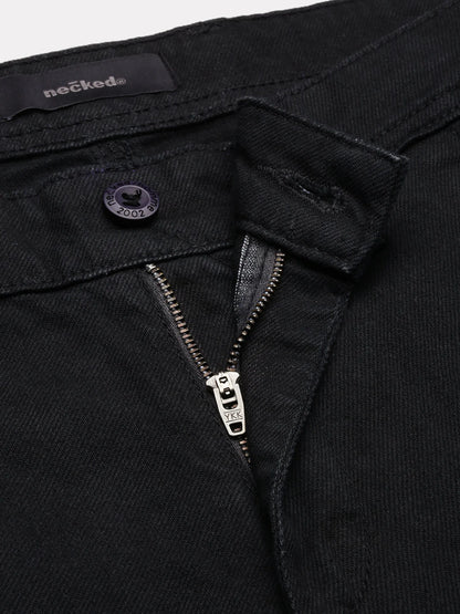 Necked Black Straight Fit Cotton Cross Pocket Jeans