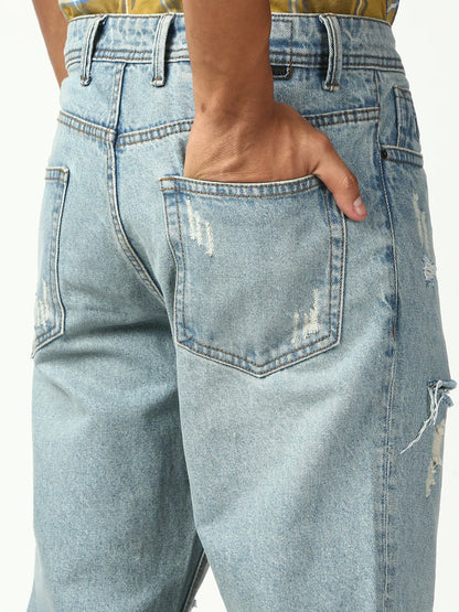 Necked  Vintage Light Blue Ripped Straight Jeans
