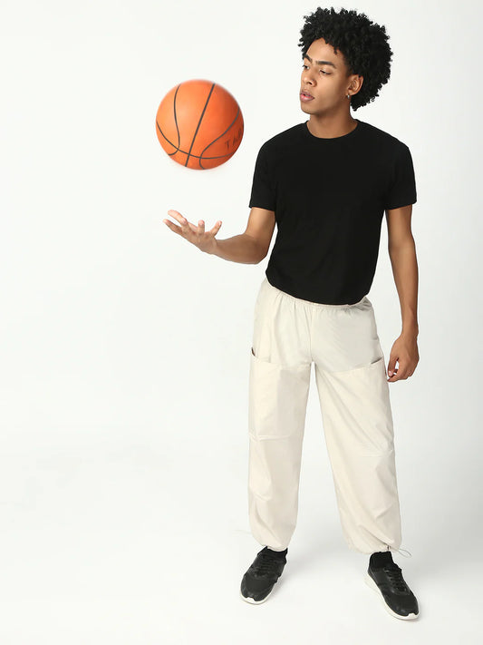 Necked  Cream Parachute Cotton Pant