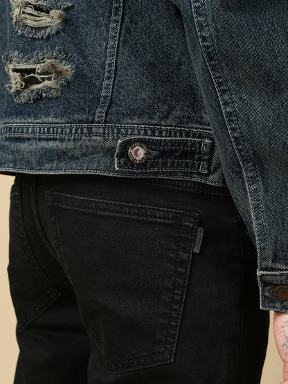 Necked  Vintage Blue Repeed Slim Fit Denim Jacket