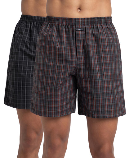 Jockey 1223 Men's Super Combed Mercerized Cotton Woven Checkered Boxer Shorts with Side Pocket (Pack of 2)