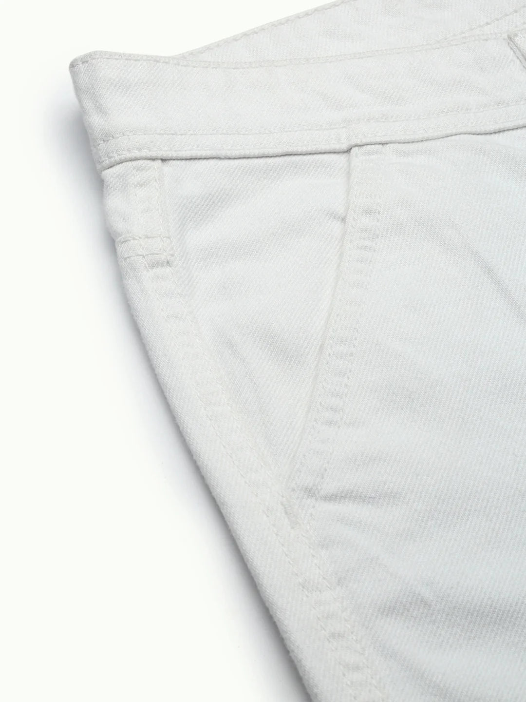 Necked White Straight Fit Cotton Cross Pocket Jeans