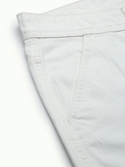 Necked White Straight Fit Cotton Cross Pocket Jeans