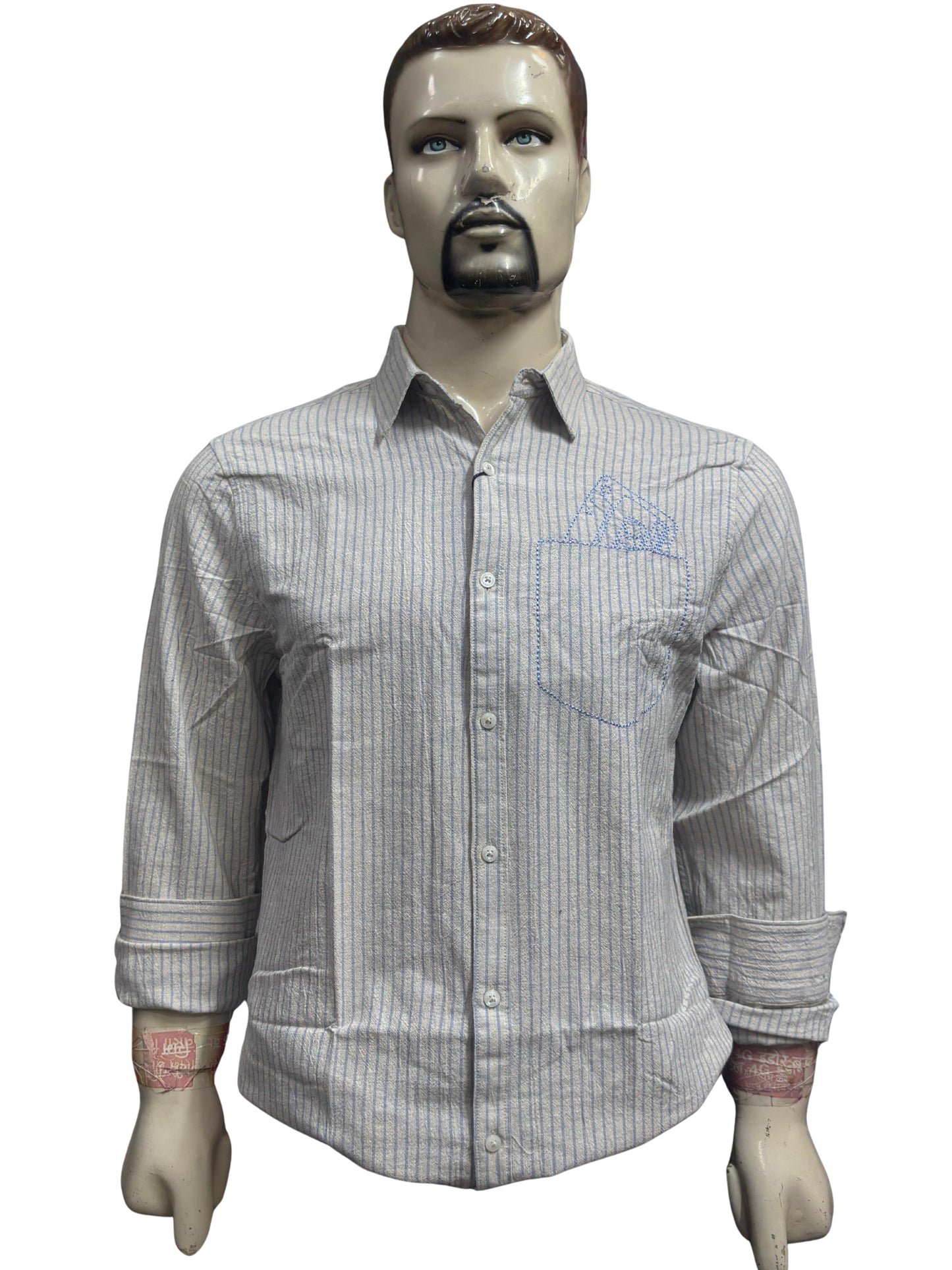 Men's Classic Striped Casual Shirt – Light Grey with Blue Pinstripes