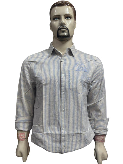 Men's Classic Striped Casual Shirt – Light Grey with Blue Pinstripes