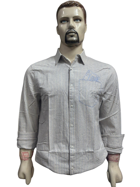 Men's Classic Striped Casual Shirt – Light Grey with Blue Pinstripes