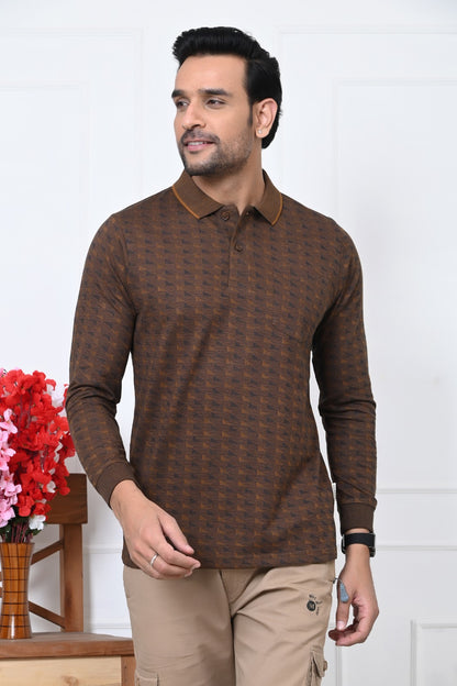Arbour Premium Men's Full Sleeve Polo T-Shirt | Soft Cotton Blend | Stylish Textured Pattern | Casual & Semi-Formal Wear