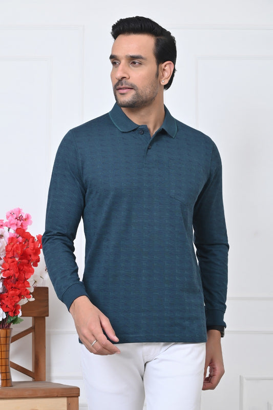 Arbour Premium Men's Full Sleeve Polo T-Shirt | Soft Cotton Blend | Stylish Textured Pattern | Casual & Semi-Formal Wear