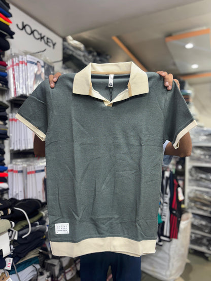 Premium Contrast Collar Polo T-Shirts for Men – Stylish Casual Wear Available in Black, Green & Brown