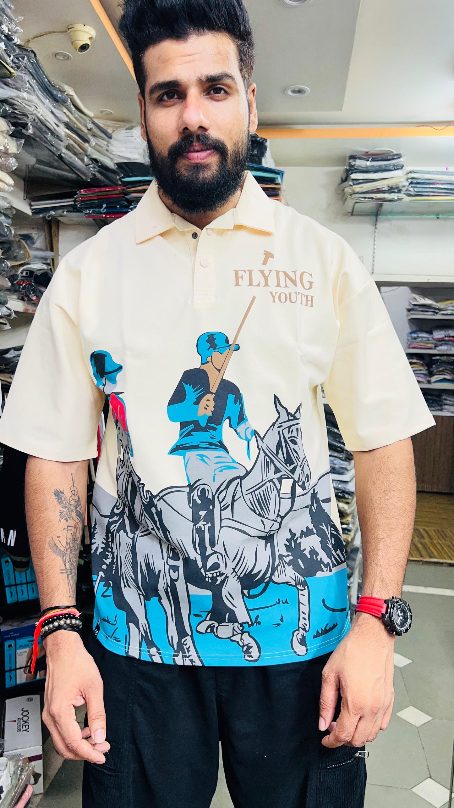 Flying Youth Premium Polo T-Shirt for Men – Stylish Polo Player Graphic Print | Half Sleeve Casual Wear (Teal & Beige Colors)