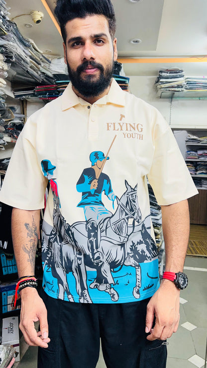 Flying Youth Premium Polo T-Shirt for Men – Stylish Polo Player Graphic Print | Half Sleeve Casual Wear (Teal & Beige Colors)