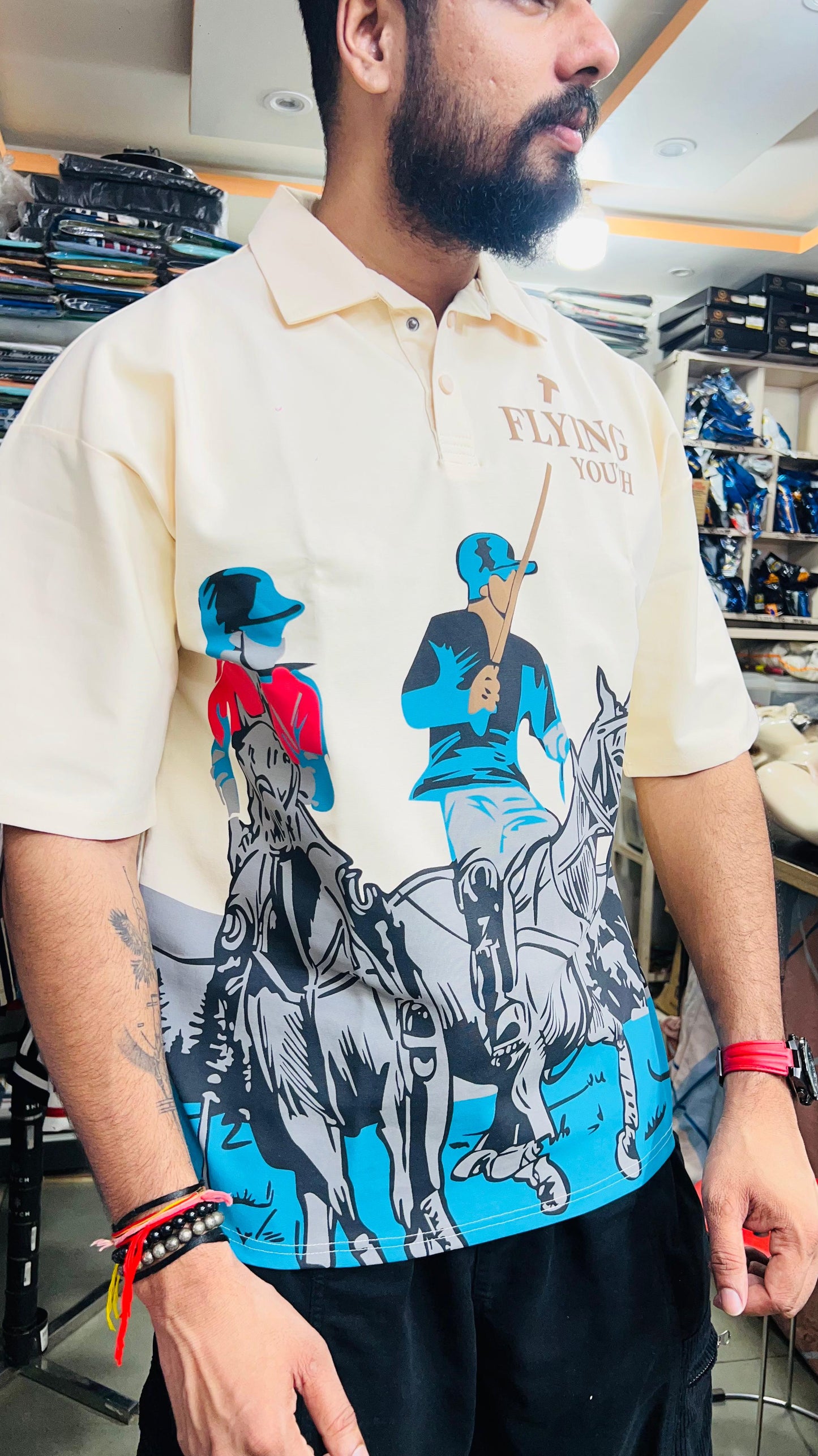Flying Youth Premium Polo T-Shirt for Men – Stylish Polo Player Graphic Print | Half Sleeve Casual Wear (Teal & Beige Colors)