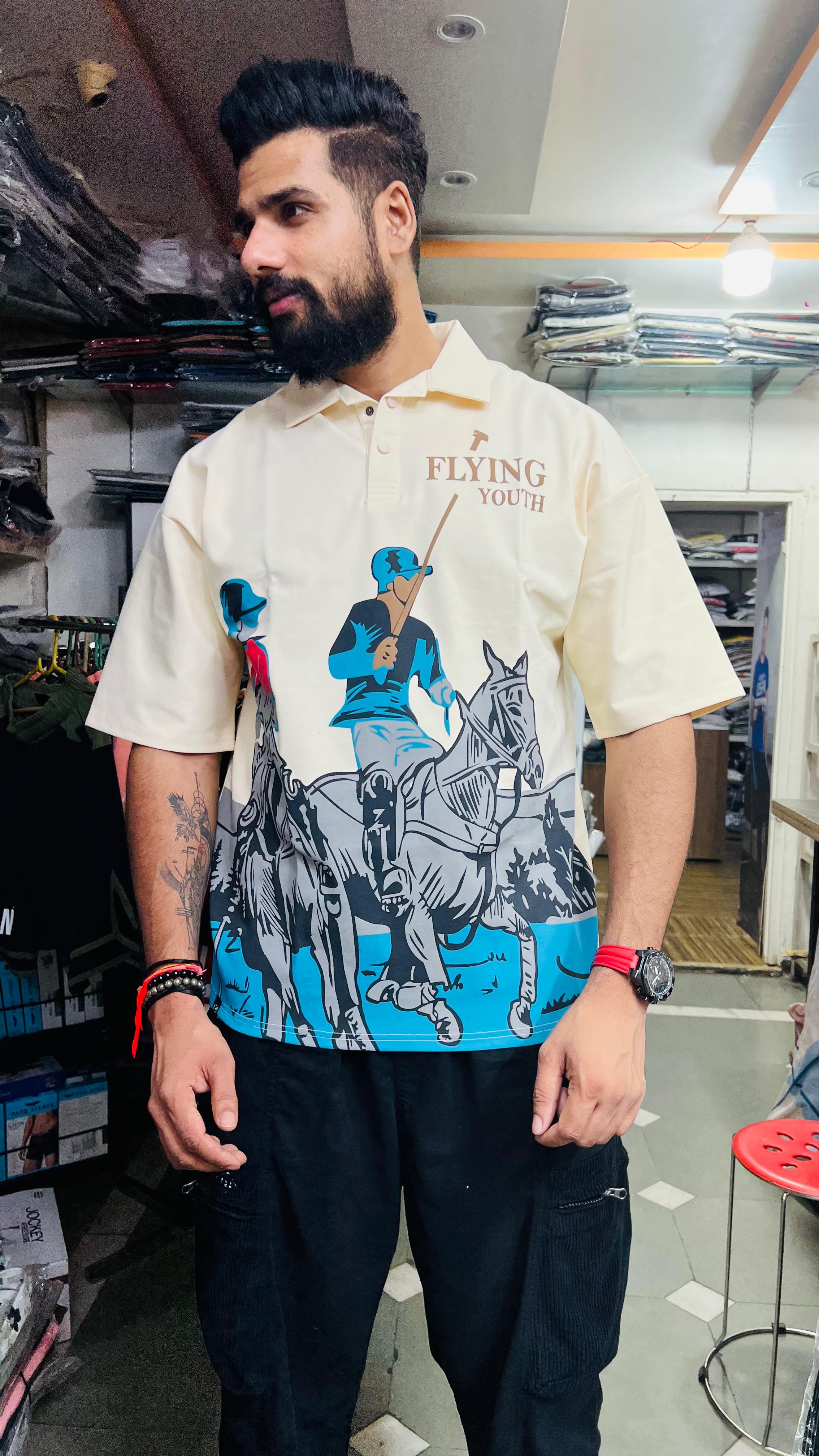 Flying Youth Premium Polo T-Shirt for Men – Stylish Polo Player Graphic Print | Half Sleeve Casual Wear (Teal & Beige Colors)