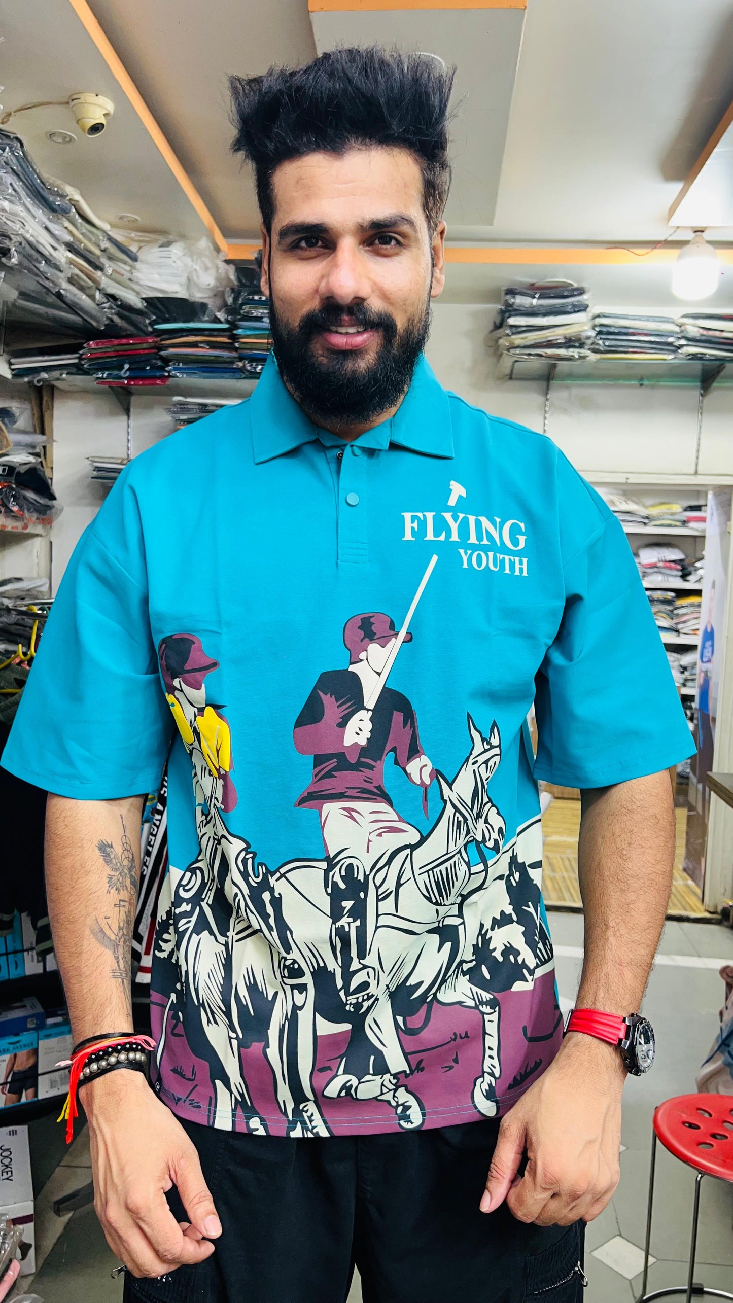 Flying Youth Premium Polo T-Shirt for Men – Stylish Polo Player Graphic Print | Half Sleeve Casual Wear (Teal & Beige Colors)