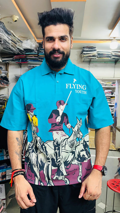 Flying Youth Premium Polo T-Shirt for Men – Stylish Polo Player Graphic Print | Half Sleeve Casual Wear (Teal & Beige Colors)