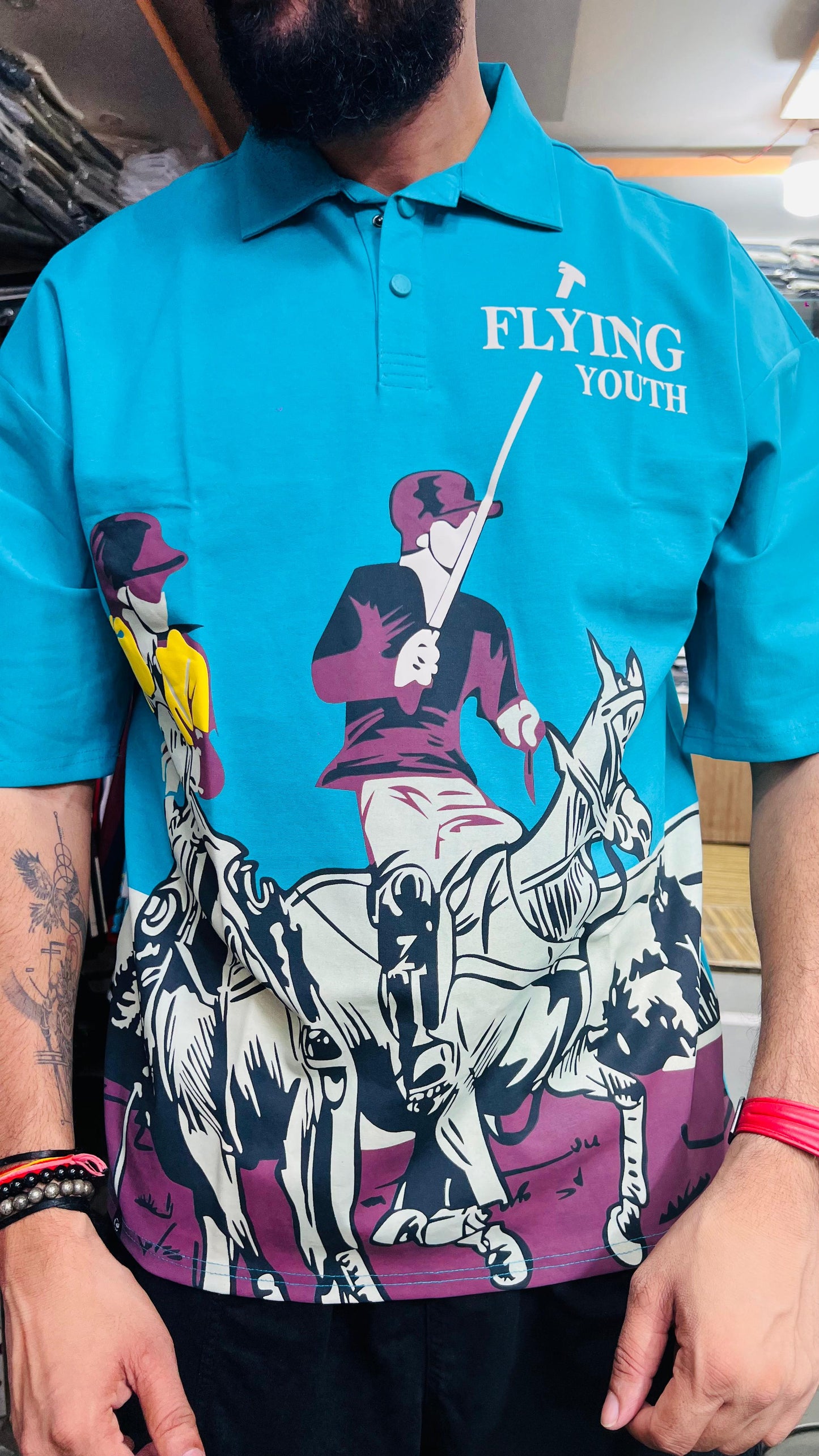 Flying Youth Premium Polo T-Shirt for Men – Stylish Polo Player Graphic Print | Half Sleeve Casual Wear (Teal & Beige Colors)