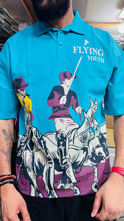 Flying Youth Premium Polo T-Shirt for Men – Stylish Polo Player Graphic Print | Half Sleeve Casual Wear (Teal & Beige Colors)