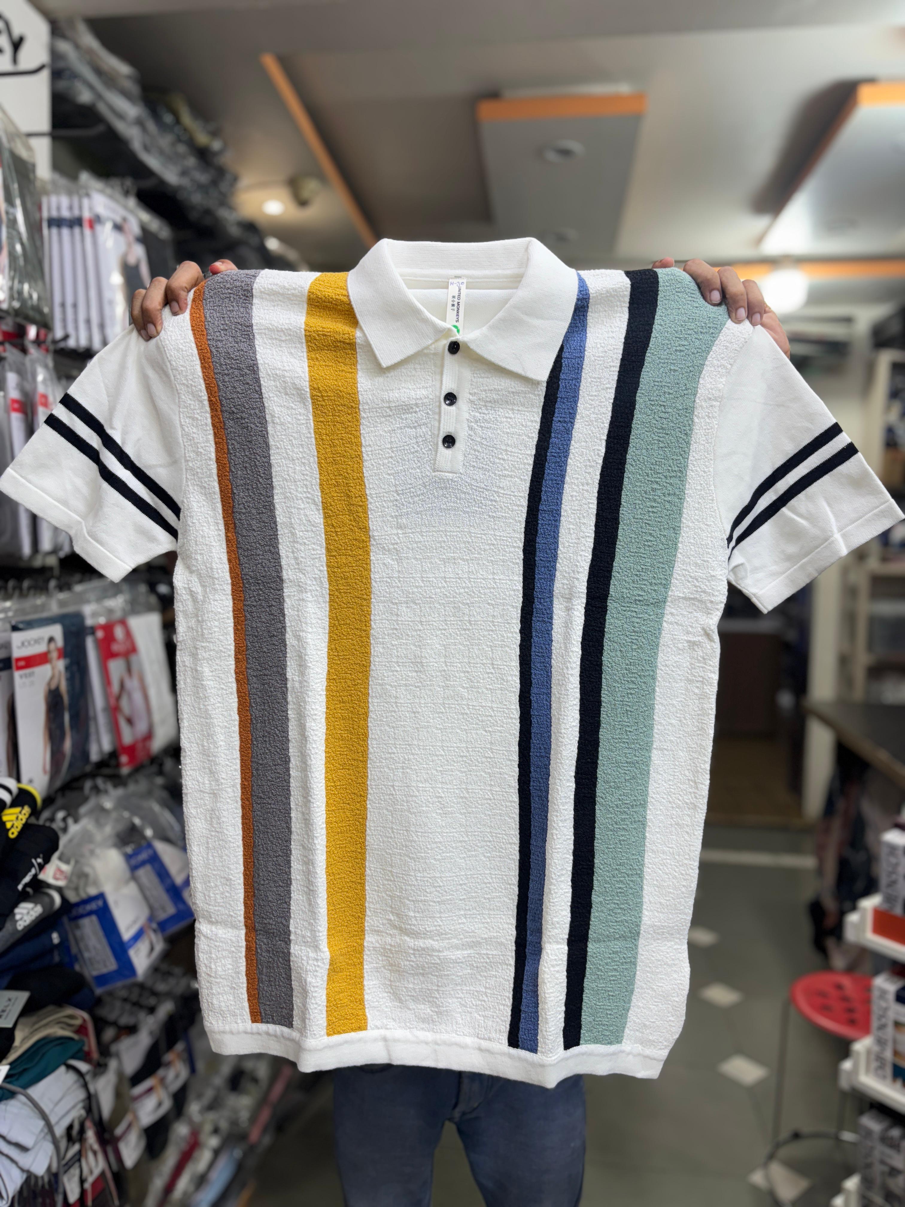 Textured Stripe Terry Polo Shirt | Retro Multi-Color Knit Polo