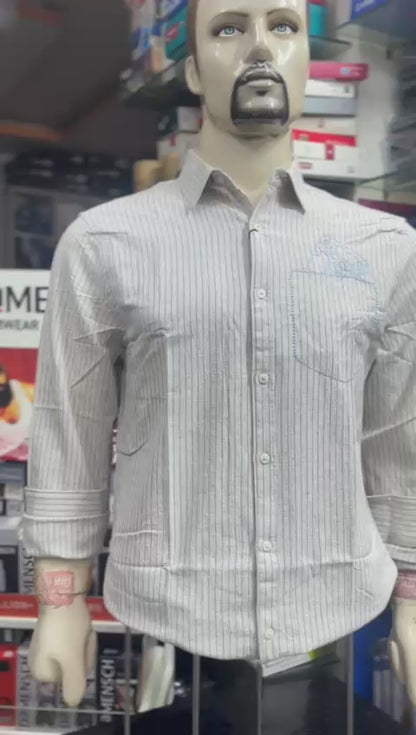 Men's Classic Striped Casual Shirt – Light Grey with Blue Pinstripes